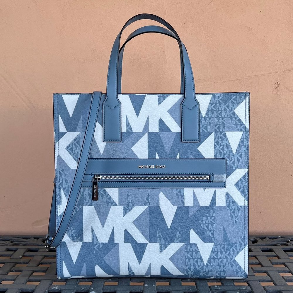 Michael Kors Kenly Large NS Graphic Logo Tote Satchel Shoulder Bag MK Blue Multi